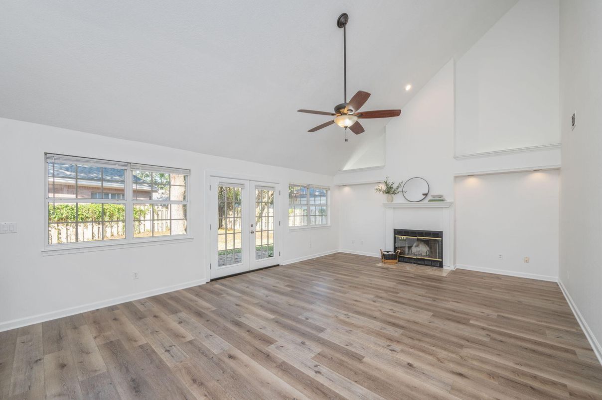 Empty room, Fireplace, Interior, Recessed Lighting, Wood Texture Flooring
