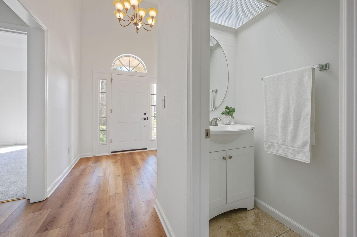 Bathroom, Chandelier, Interior, Wood Texture Flooring