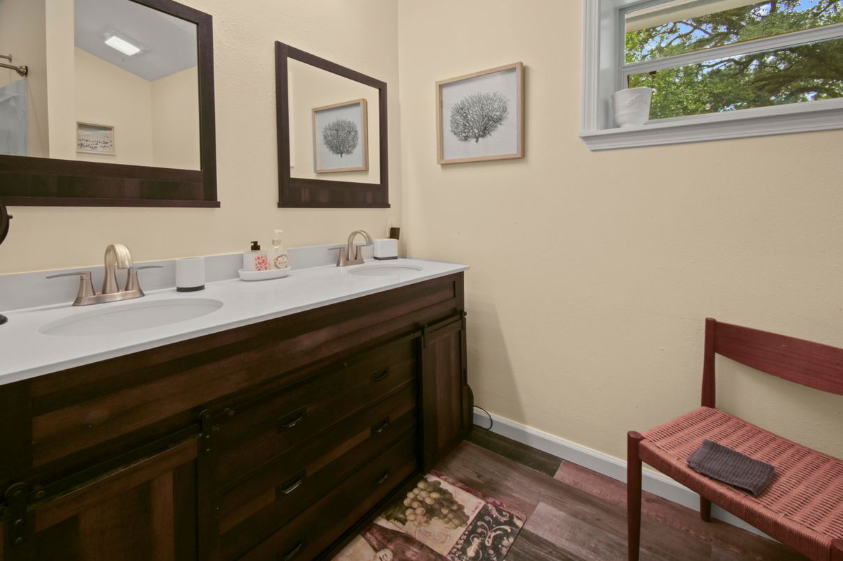 Bathroom, Dual Sink Vanities, Interior, Wood Texture Flooring