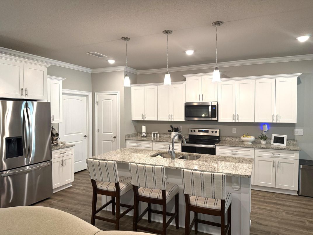 Interior, Kitchen, Pendant Lights, Recessed Lighting, Stainless Steel Appliances, Wood Texture Flooring