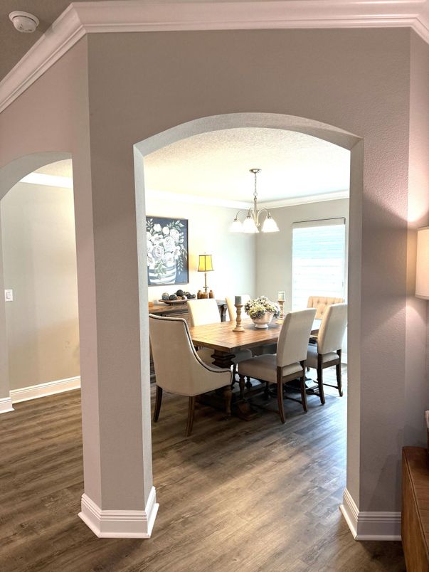 Dining room, Interior, Pendant Lights, Wood Texture Flooring