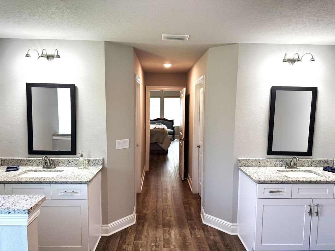 Bathroom, Bedroom, Dual Sink Vanities, Interior, Recessed Lighting, Wood Texture Flooring