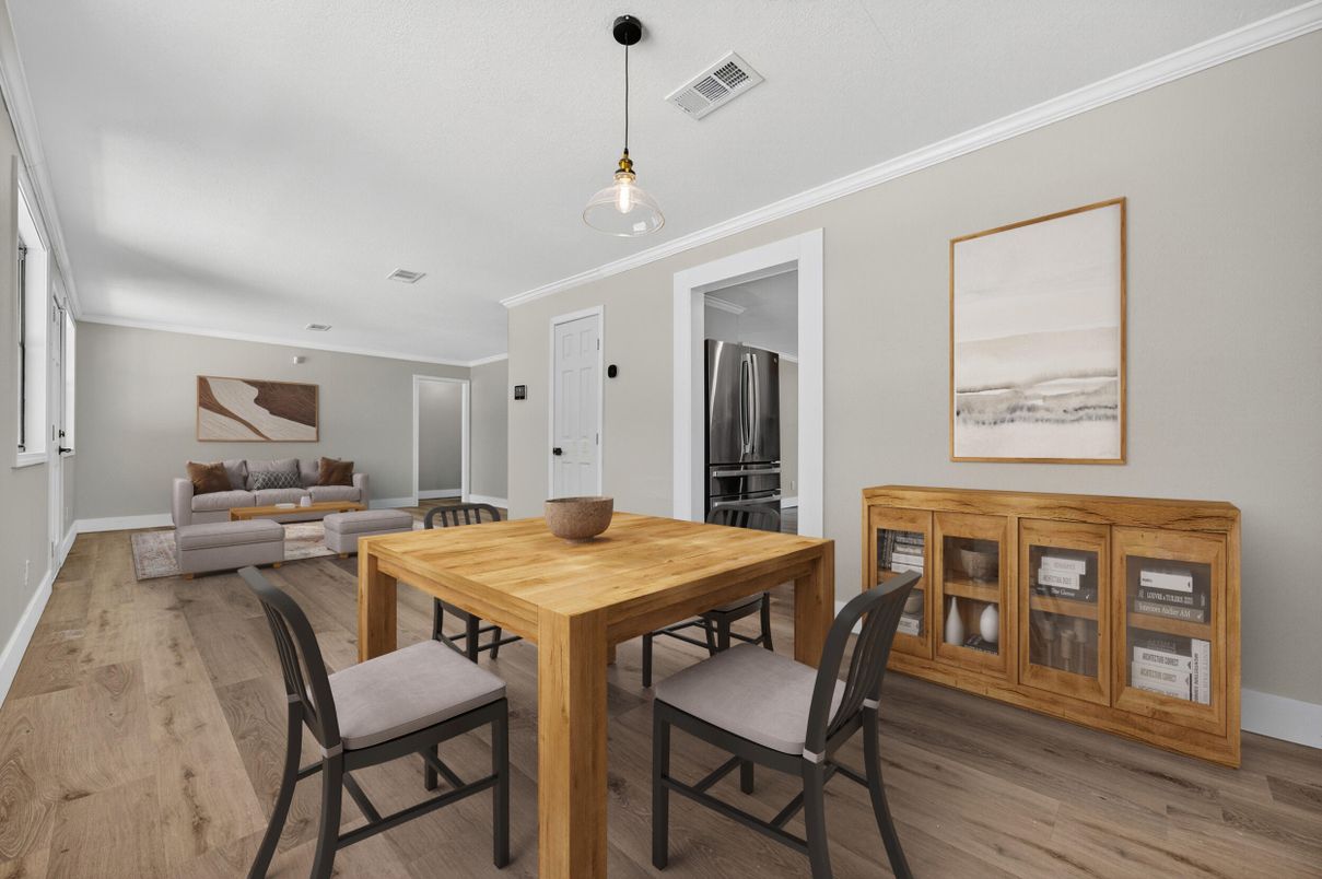 Dining room, Interior, Pendant Lights, Wood Texture Flooring