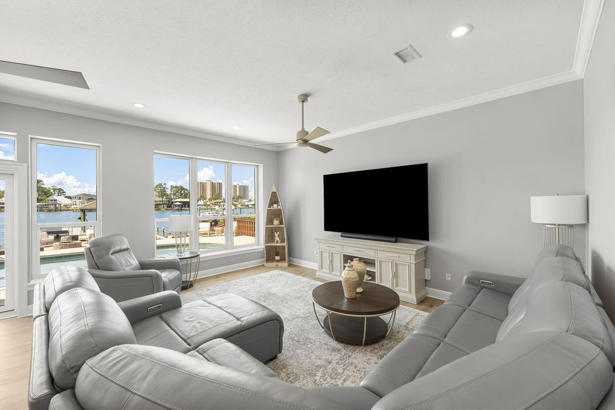 Fireplace, Interior, Living room, Recessed Lighting, Water, Wood Texture Flooring