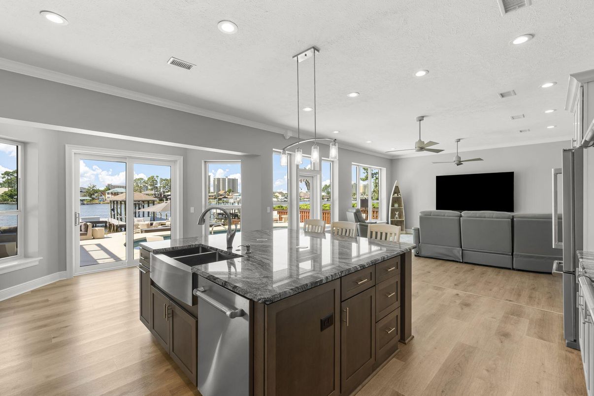 Interior, Kitchen, Living room, Pendant Lights, Recessed Lighting, Water, Wood Texture Flooring