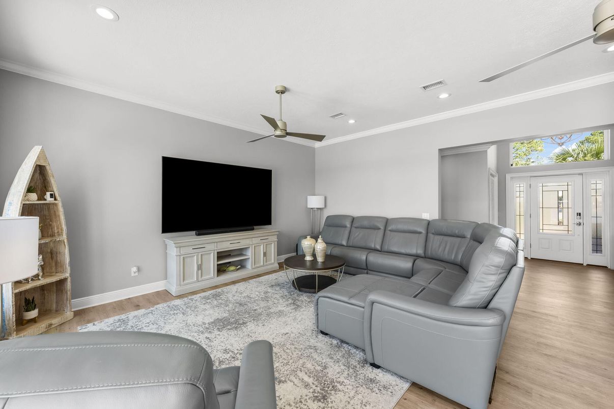 Fireplace, Interior, Living room, Recessed Lighting, Wood Texture Flooring