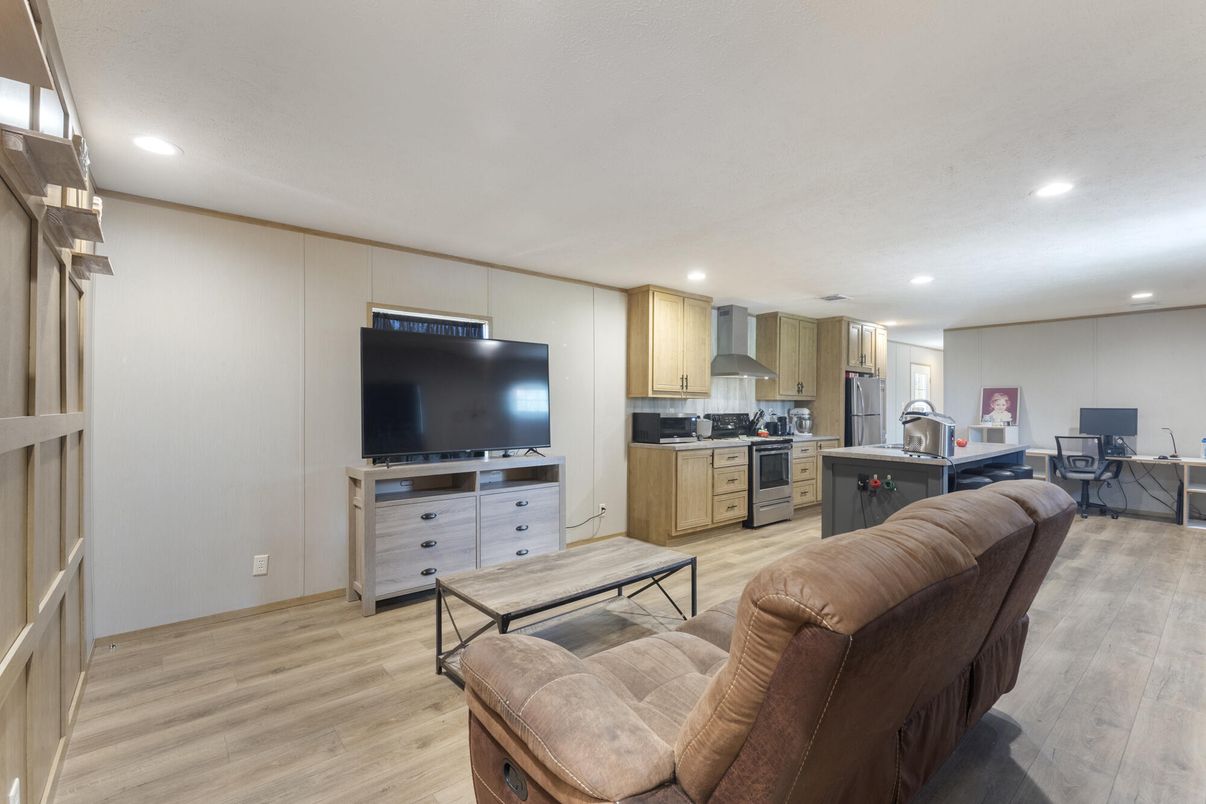 Interior, Kitchen, Living room, Recessed Lighting, Wood Texture Flooring