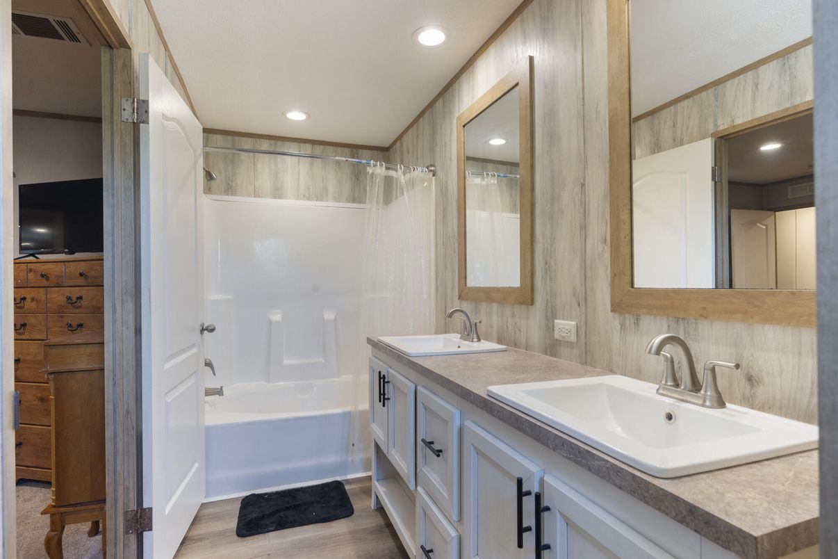Bathroom, Dual Sink Vanities, Interior, Recessed Lighting, Wood Texture Flooring