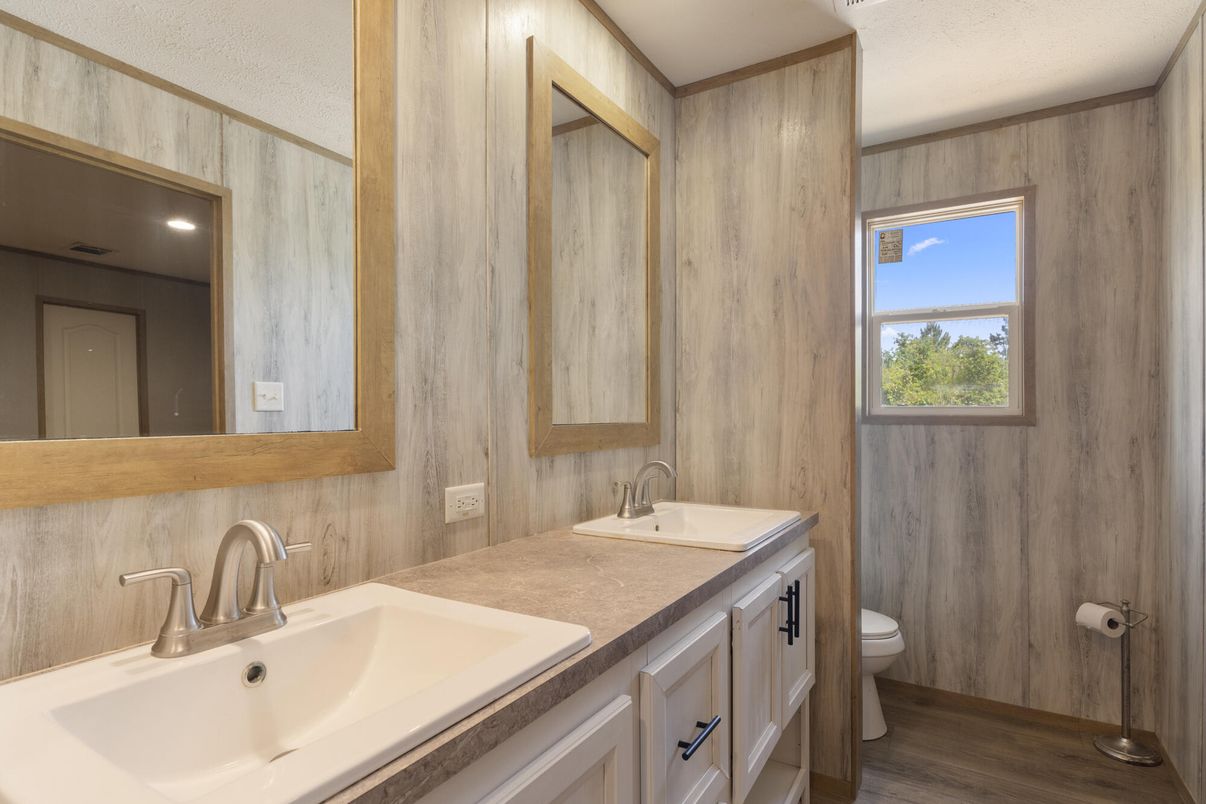 Bathroom, Dual Sink Vanities, Interior, Recessed Lighting, Wood Texture Flooring