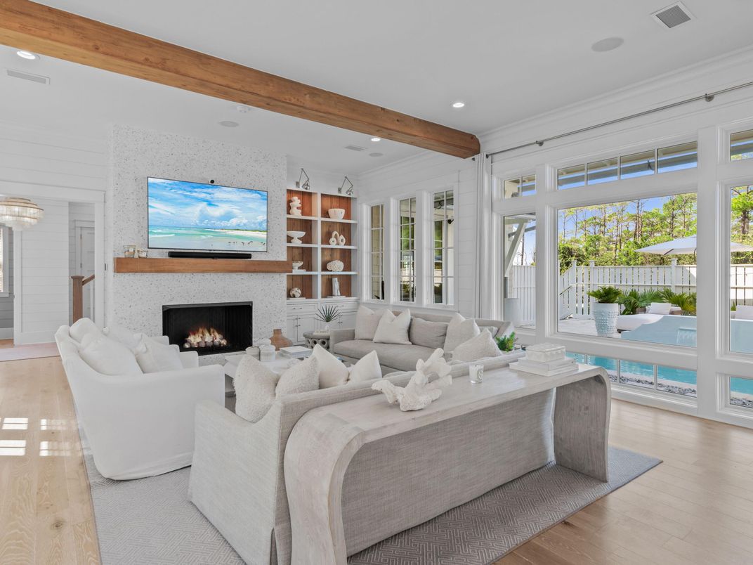 Fireplace, Interior, Living room, Recessed Lighting, Wooden Beams, Wood Texture Flooring