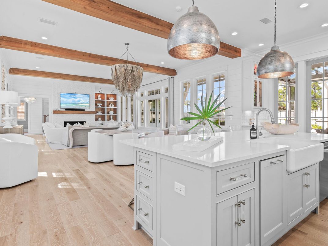 Fireplace, Interior, Kitchen, Living room, Pendant Lights, Recessed Lighting, Wooden Beams, Wood Texture Flooring