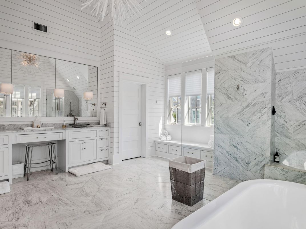 Bathroom, Dual Sink Vanities, Interior, Marble, Marble Walls, Recessed Lighting
