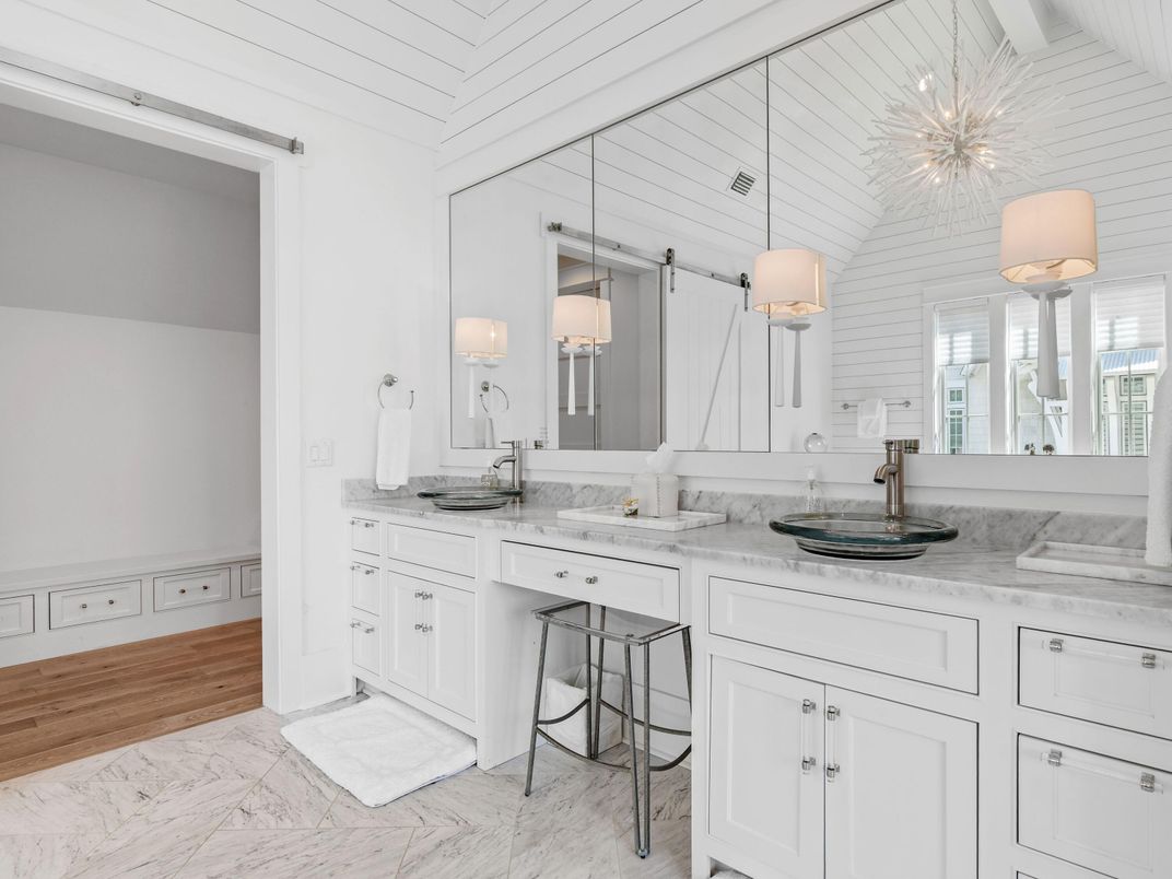Bathroom, Dual Sink Vanities, Interior, Marble, Pendant Lights, Wood Texture Flooring