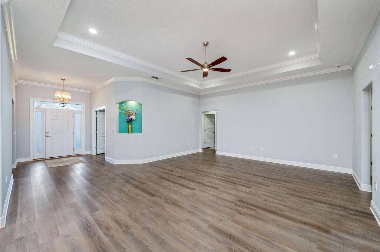 Chandelier, Empty room, Interior, Recessed Lighting, Wood Texture Flooring