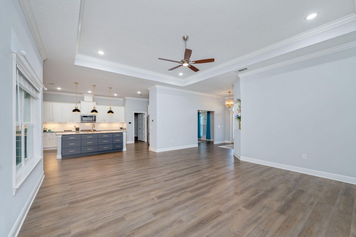 Chandelier, Empty room, Interior, Kitchen, Pendant Lights, Recessed Lighting, Wood Texture Flooring