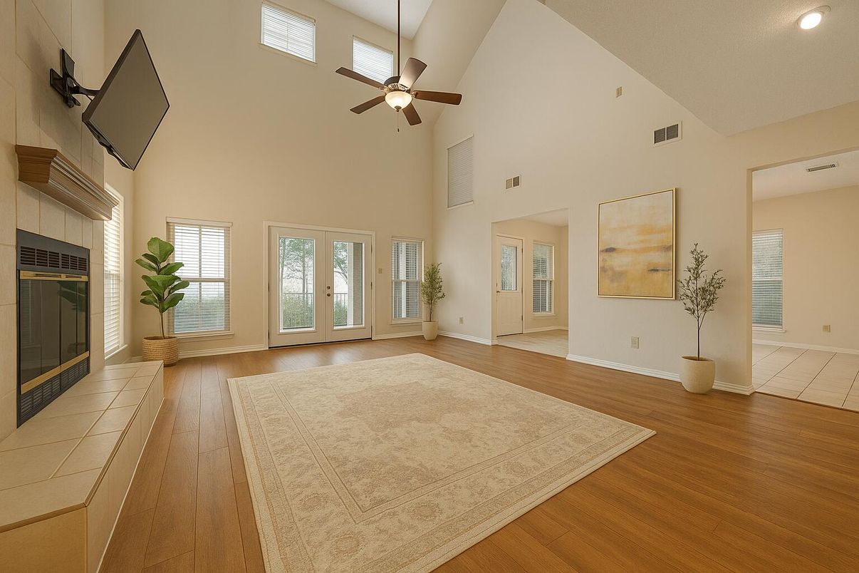 Empty room, Fireplace, Interior, Recessed Lighting, Wood Texture Flooring