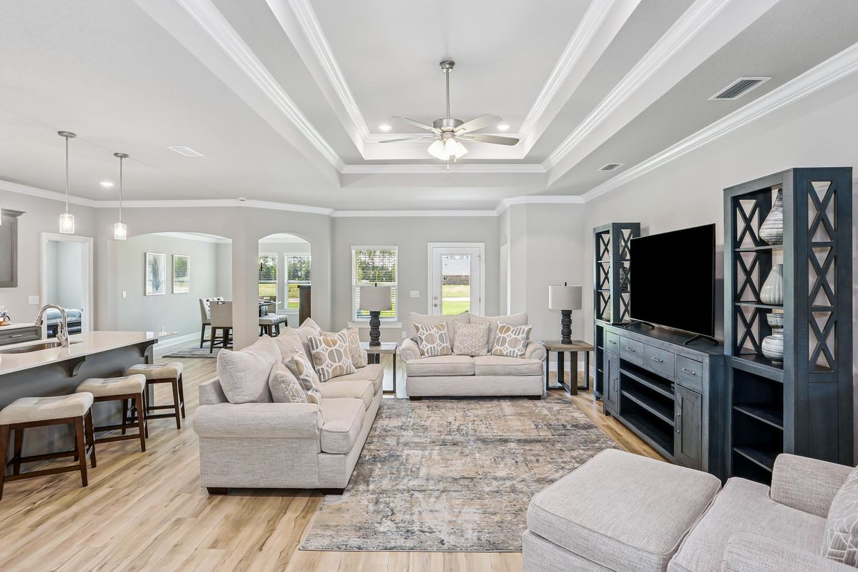 Dining room, Interior, Living room, Pendant Lights, Recessed Lighting, Wood Texture Flooring