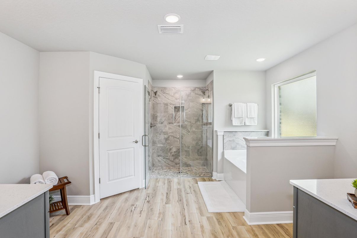 Bathroom, Glass Shower, Interior, Marble Walls, Recessed Lighting, Wood Texture Flooring