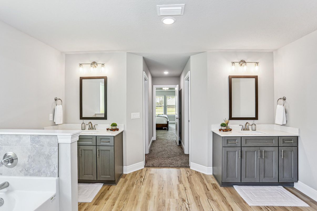 Bathroom, Dual Sink Vanities, Interior, Recessed Lighting, Wood Texture Flooring