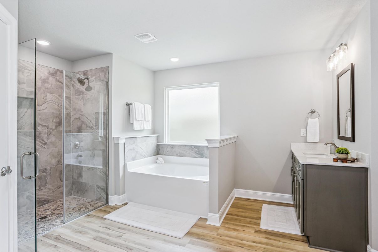 Bathroom, Glass Shower, Interior, Marble Walls, Recessed Lighting, Wood Texture Flooring