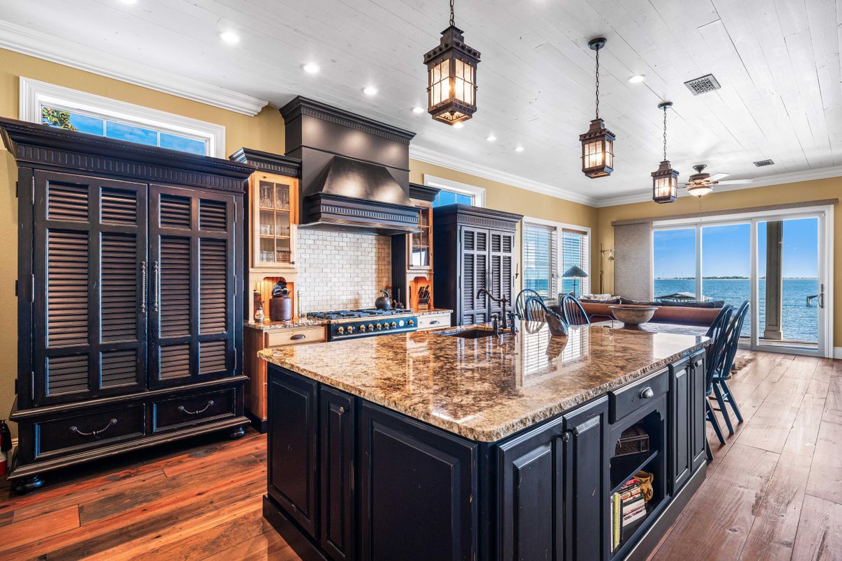 Interior, Kitchen, Pendant Lights, Recessed Lighting, Stainless Steel Appliances, Water, Wood Texture Flooring