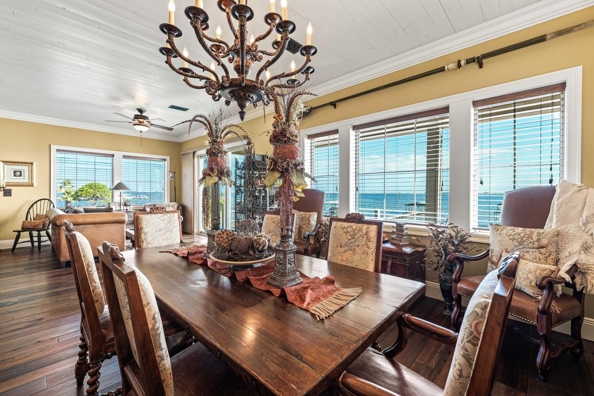 Chandelier, Dining room, Interior, Water, Wood Texture Flooring