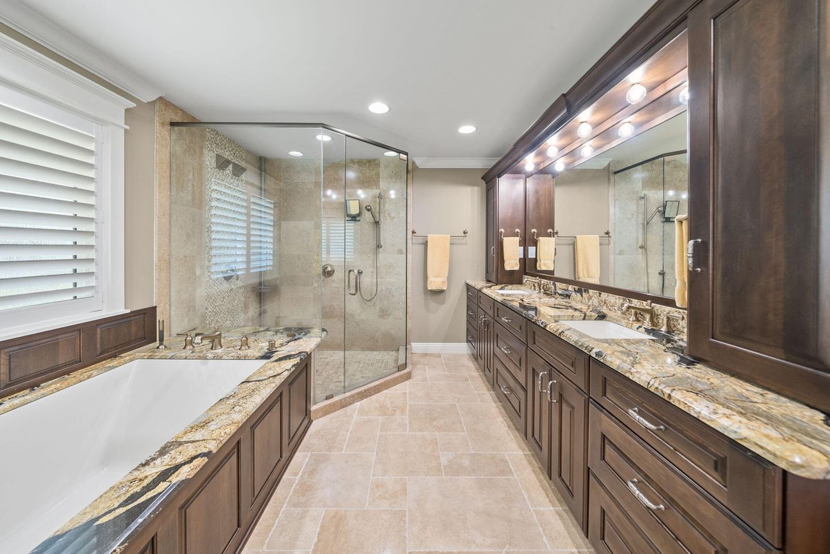 Bathroom, Dual Sink Vanities, Glass Shower, Interior, Recessed Lighting