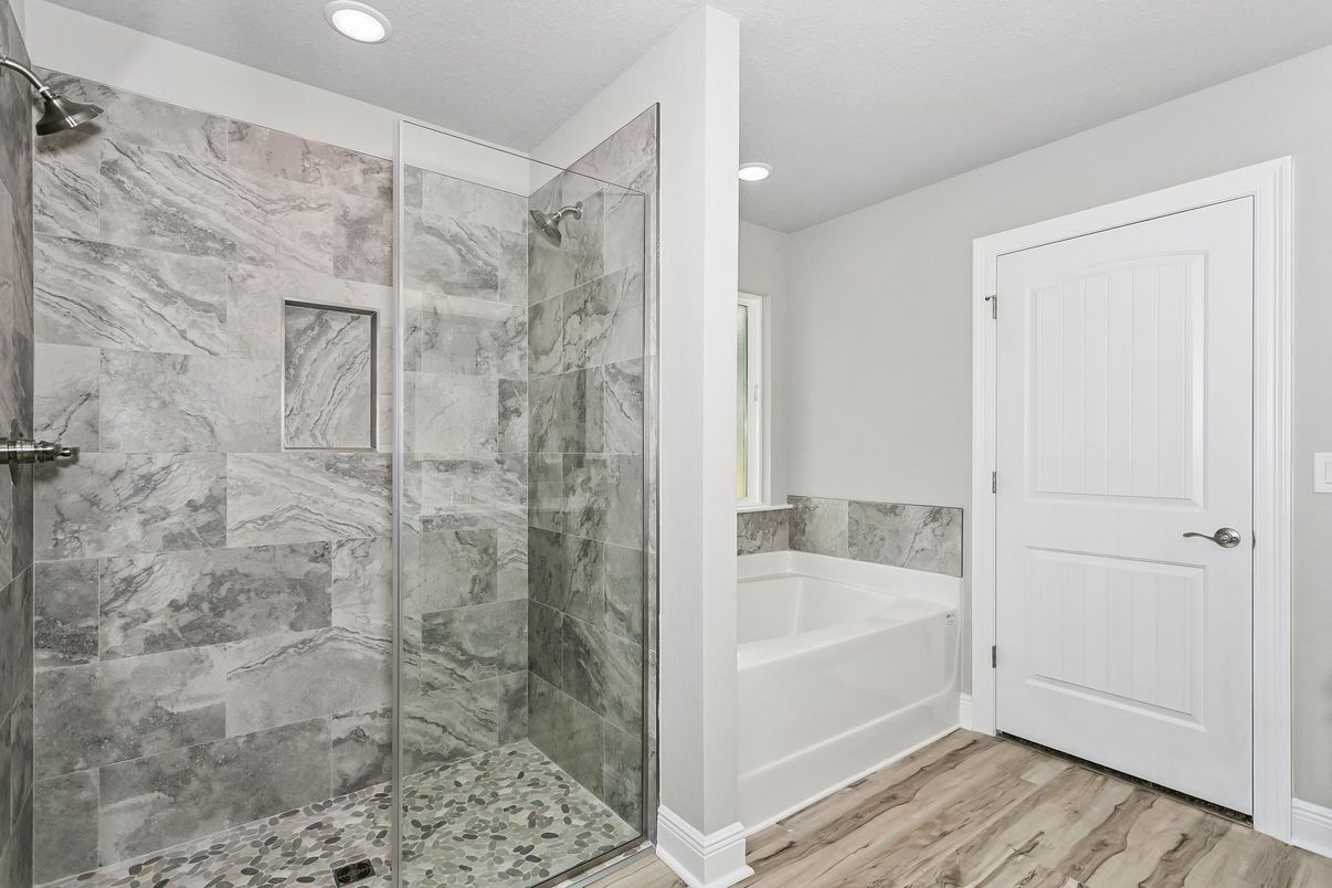 Bathroom, Glass Shower, Interior, Marble Walls, Recessed Lighting, Wood Texture Flooring