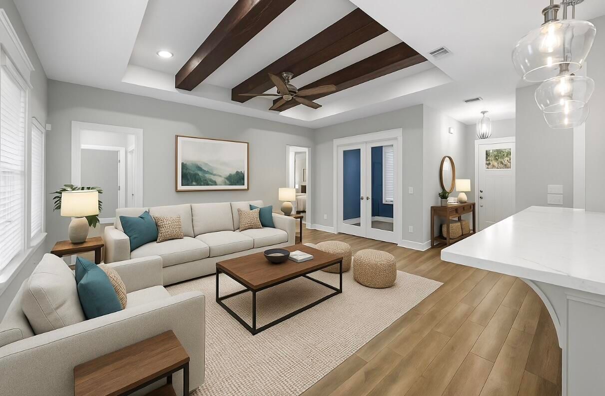 Interior, Living room, Pendant Lights, Recessed Lighting, Wooden Beams, Wood Texture Flooring