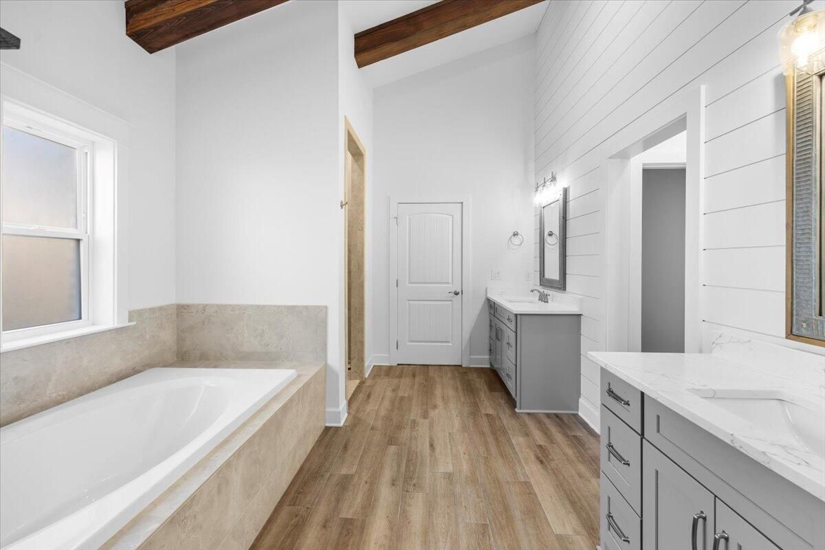 Bathroom, Dual Sink Vanities, Interior, Wooden Beams, Wood Texture Flooring