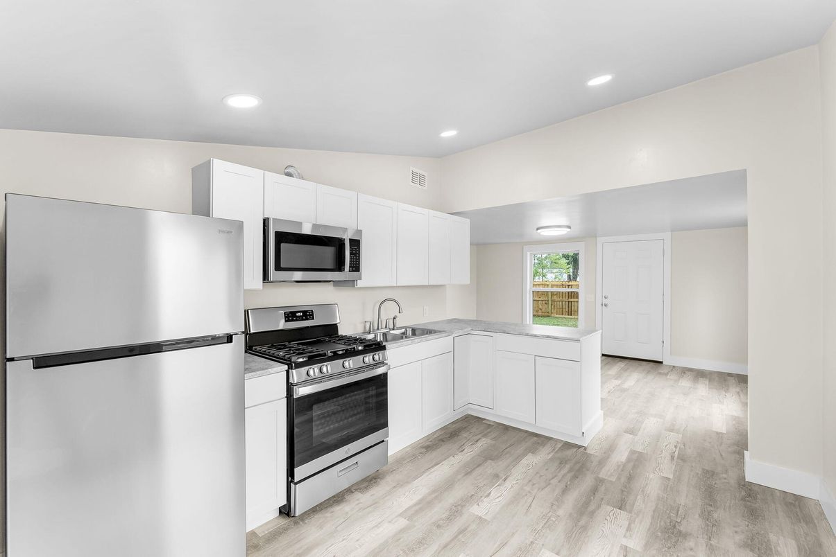 Interior, Kitchen, Recessed Lighting, Stainless Steel Appliances, Wood Texture Flooring