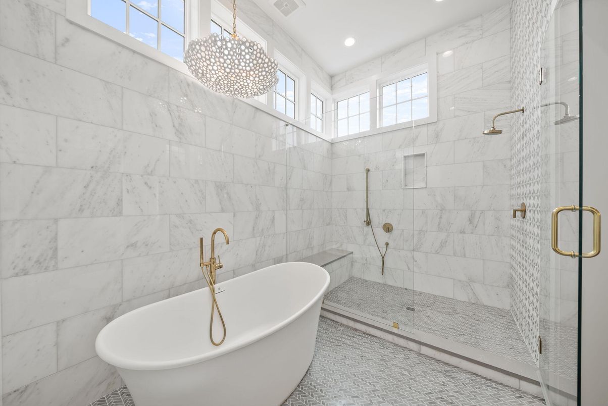 Bathroom, Free Standing Baths, Glass Shower, Interior, Marble Walls, Pendant Lights, Recessed Lighting