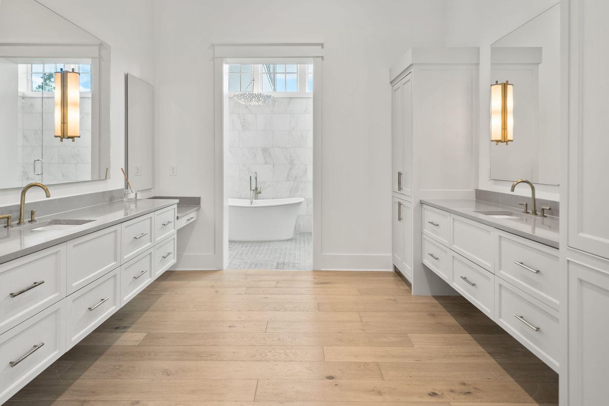 Bathroom, Dual Sink Vanities, Free Standing Baths, Interior, Marble Walls, Wood Texture Flooring