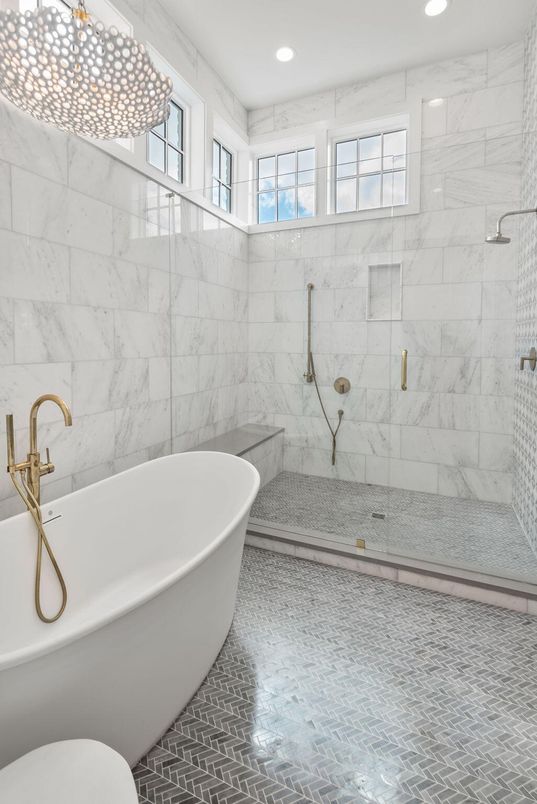 Bathroom, Free Standing Baths, Glass Shower, Interior, Marble Walls, Recessed Lighting