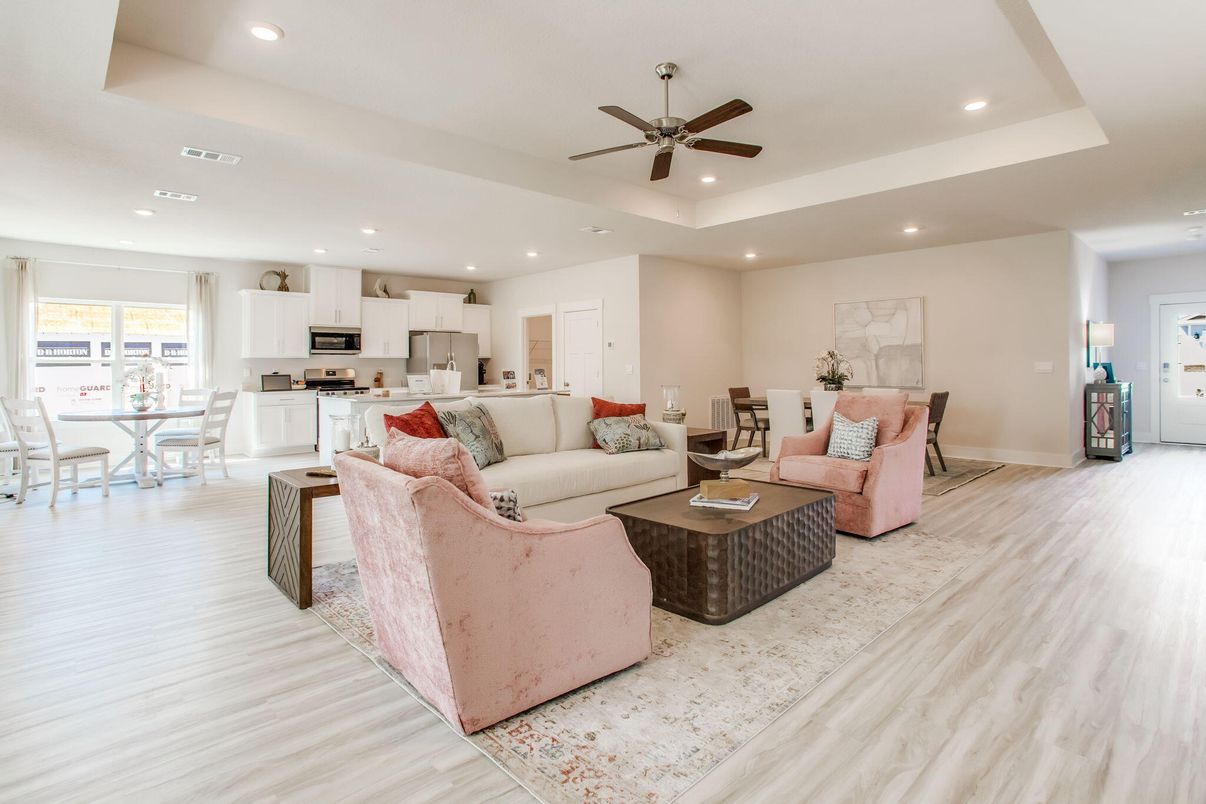 Dining room, Interior, Kitchen, Living room, Recessed Lighting, Stainless Steel Appliances, Wood Texture Flooring