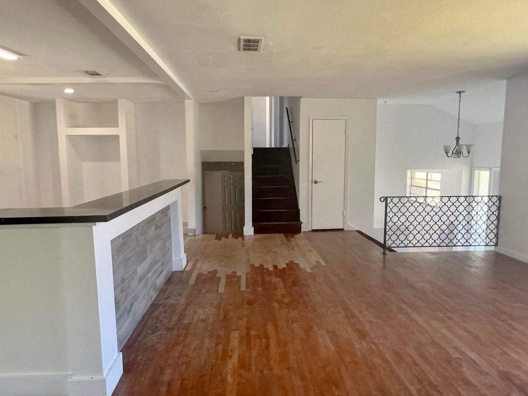 Empty room, Interior, Pendant Lights, Recessed Lighting, Wood Texture Flooring