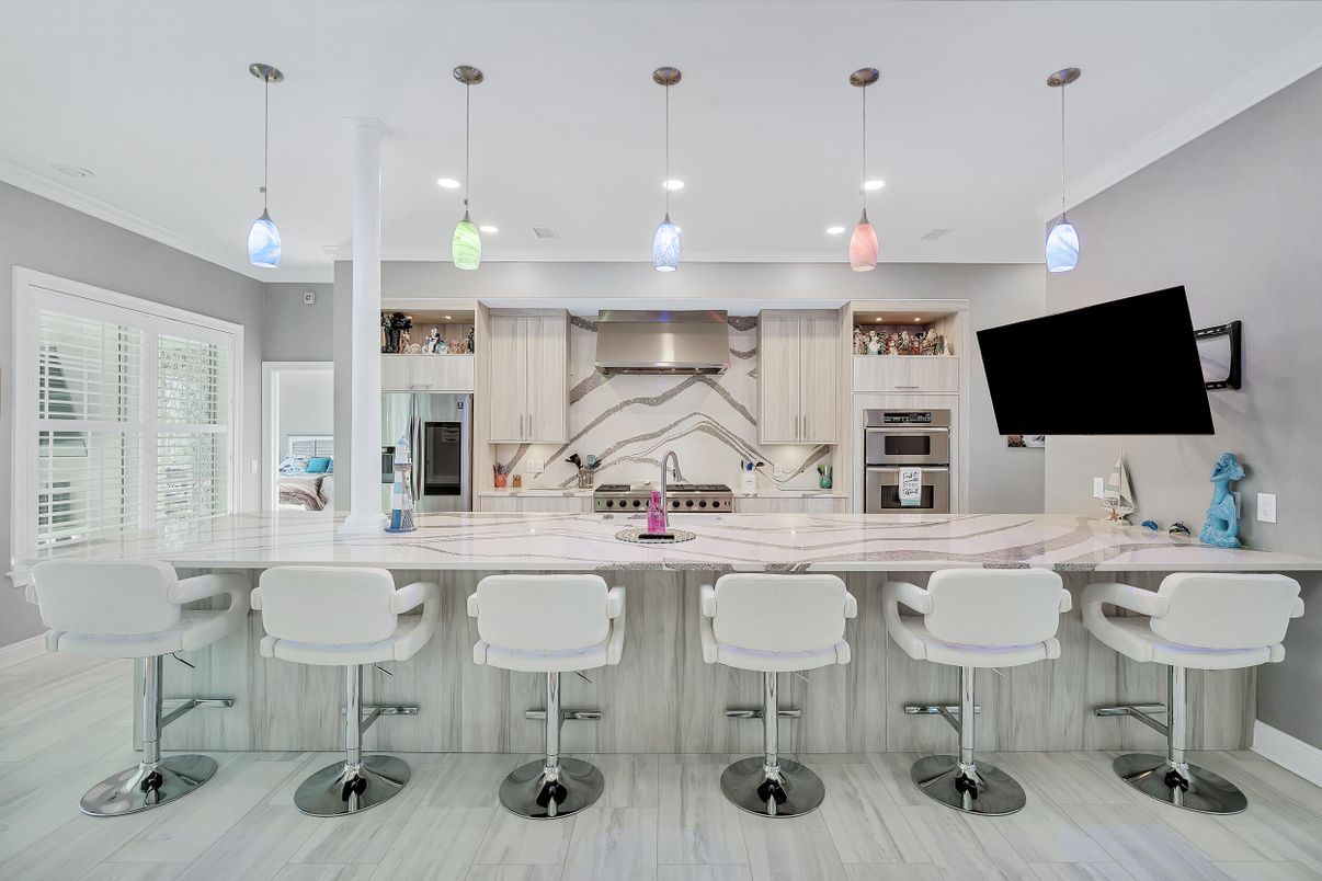 Interior, Kitchen, Marble, Pendant Lights, Recessed Lighting, Stainless Steel Appliances