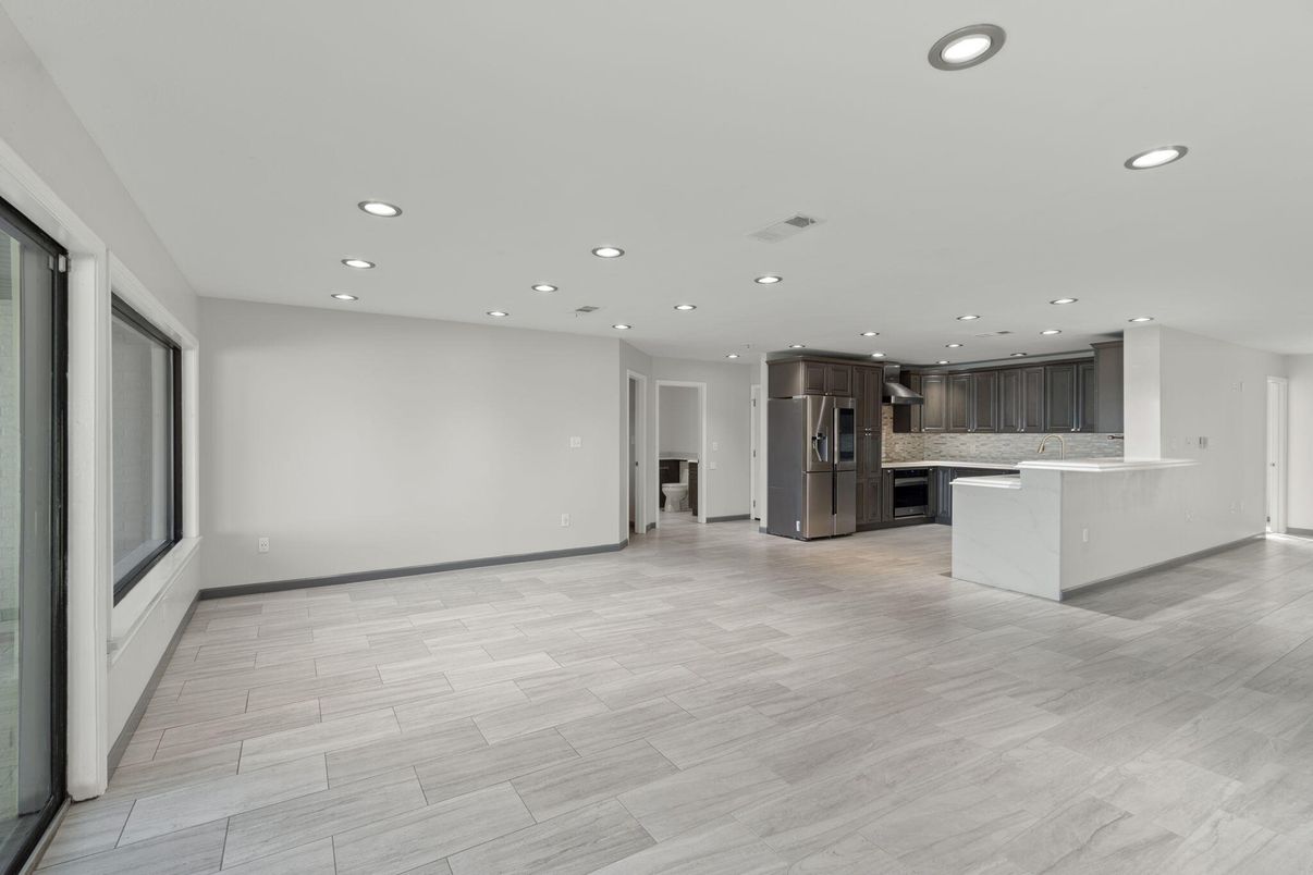 Empty room, Interior, Kitchen, Recessed Lighting, Wood Texture Flooring
