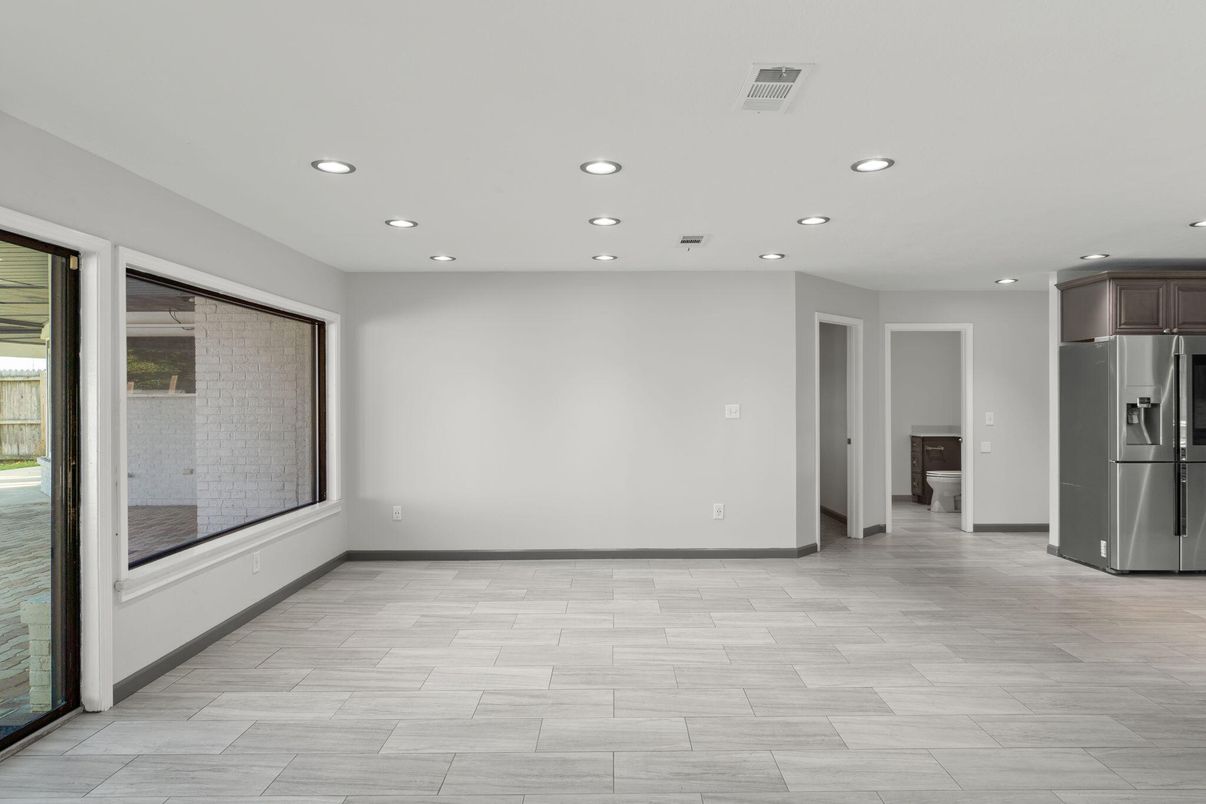 Empty room, Interior, Kitchen, Recessed Lighting, Wood Texture Flooring
