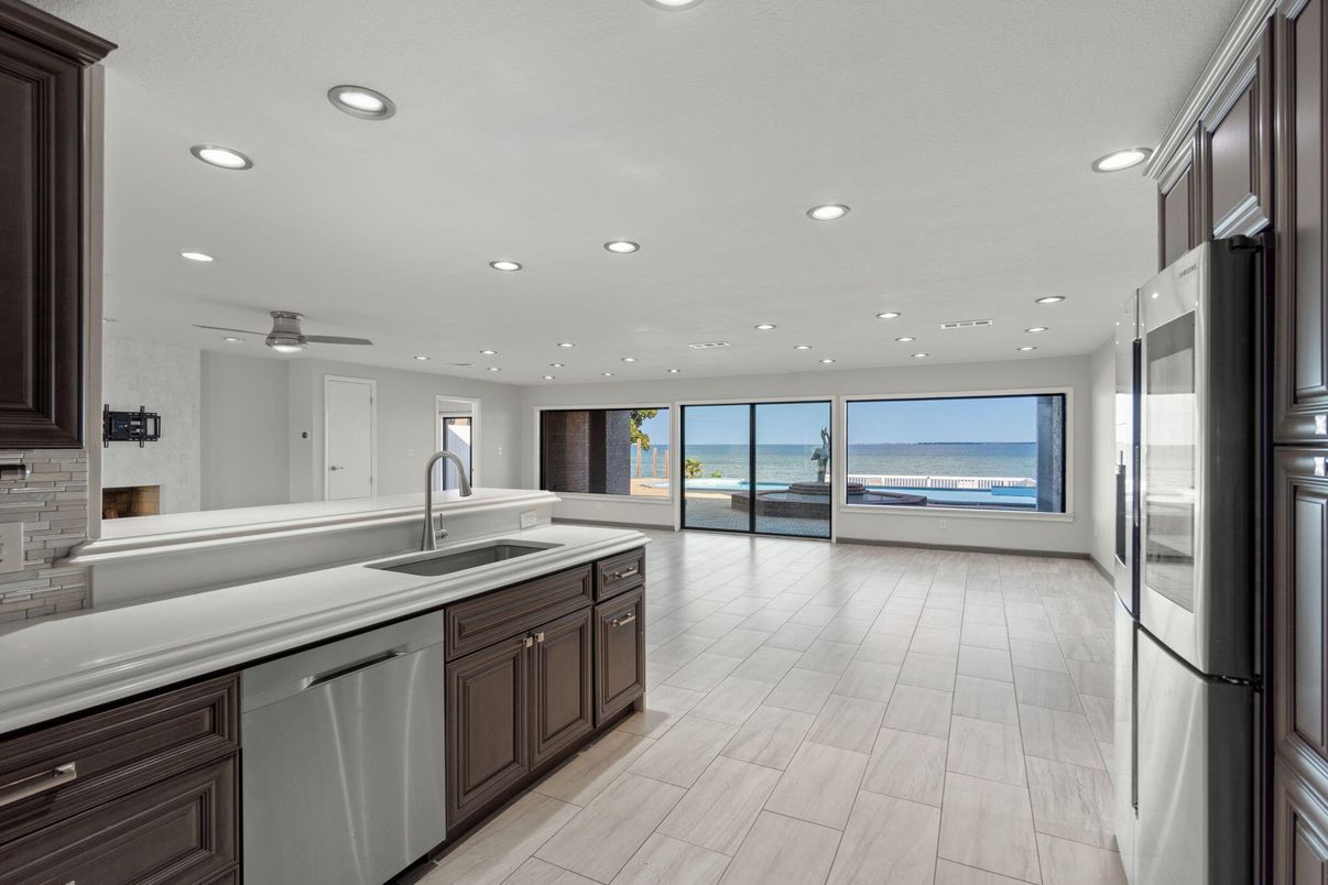 Interior, Kitchen, Recessed Lighting, Stainless Steel Appliances, Water, Wood Texture Flooring