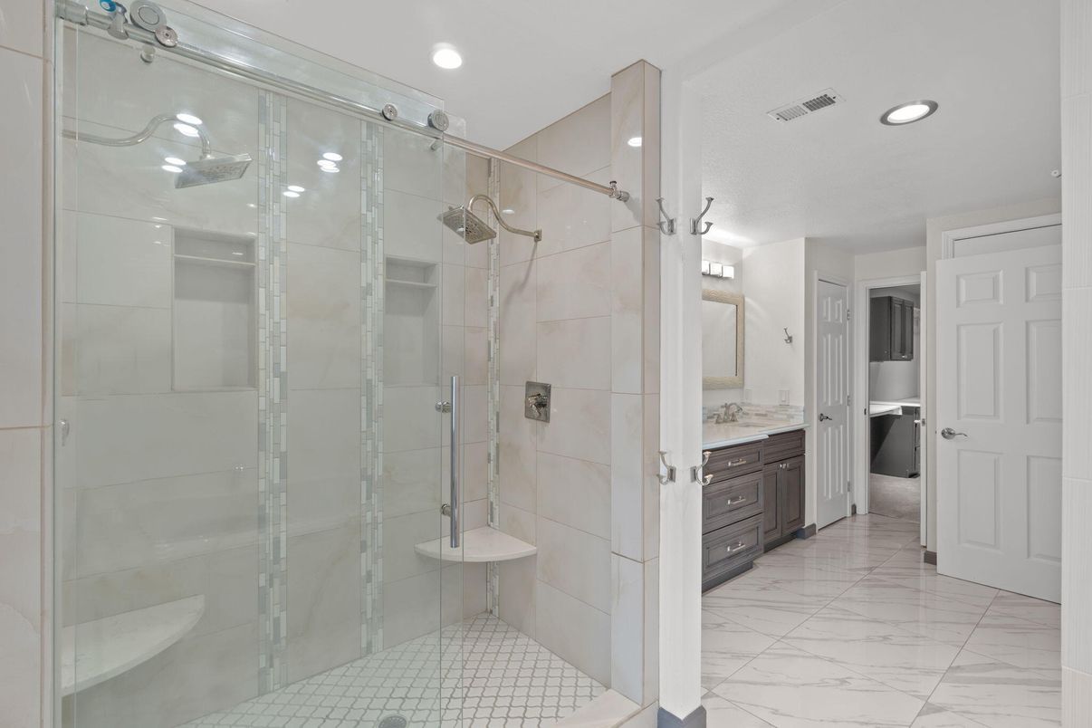 Bathroom, Glass Shower, Interior, Marble, Recessed Lighting