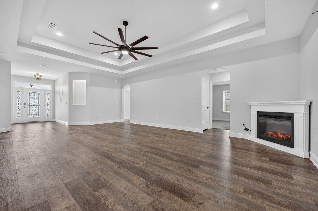Empty room, Fireplace, Interior, Recessed Lighting, Wood Texture Flooring