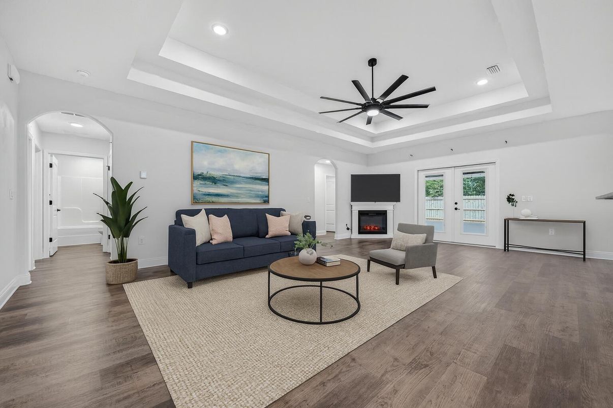 Fireplace, Interior, Living room, Recessed Lighting, Wood Texture Flooring