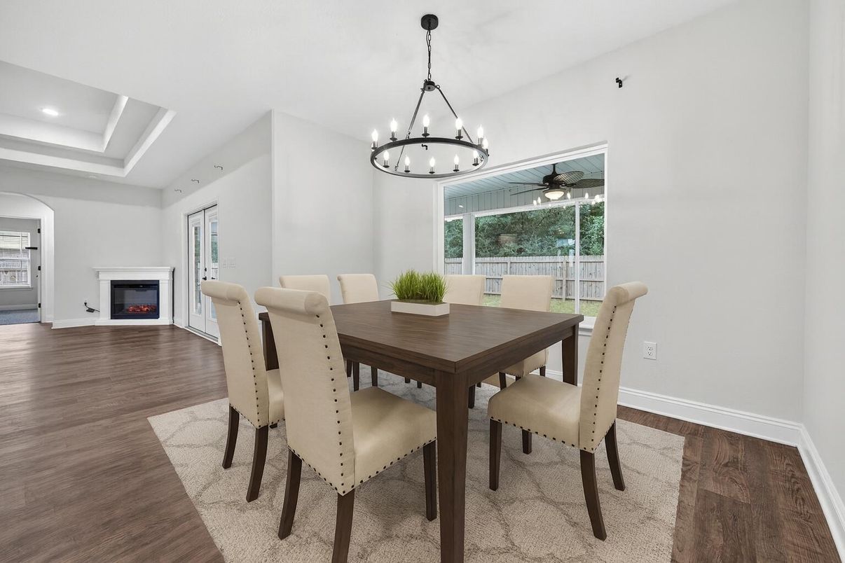 Chandelier, Dining room, Fireplace, Interior, Recessed Lighting, Wood Texture Flooring