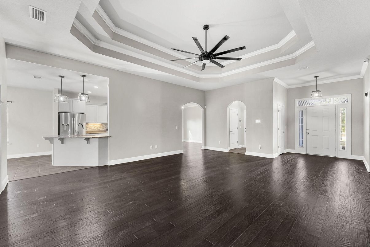 Empty room, Interior, Kitchen, Pendant Lights, Stainless Steel Appliances, Wood Texture Flooring