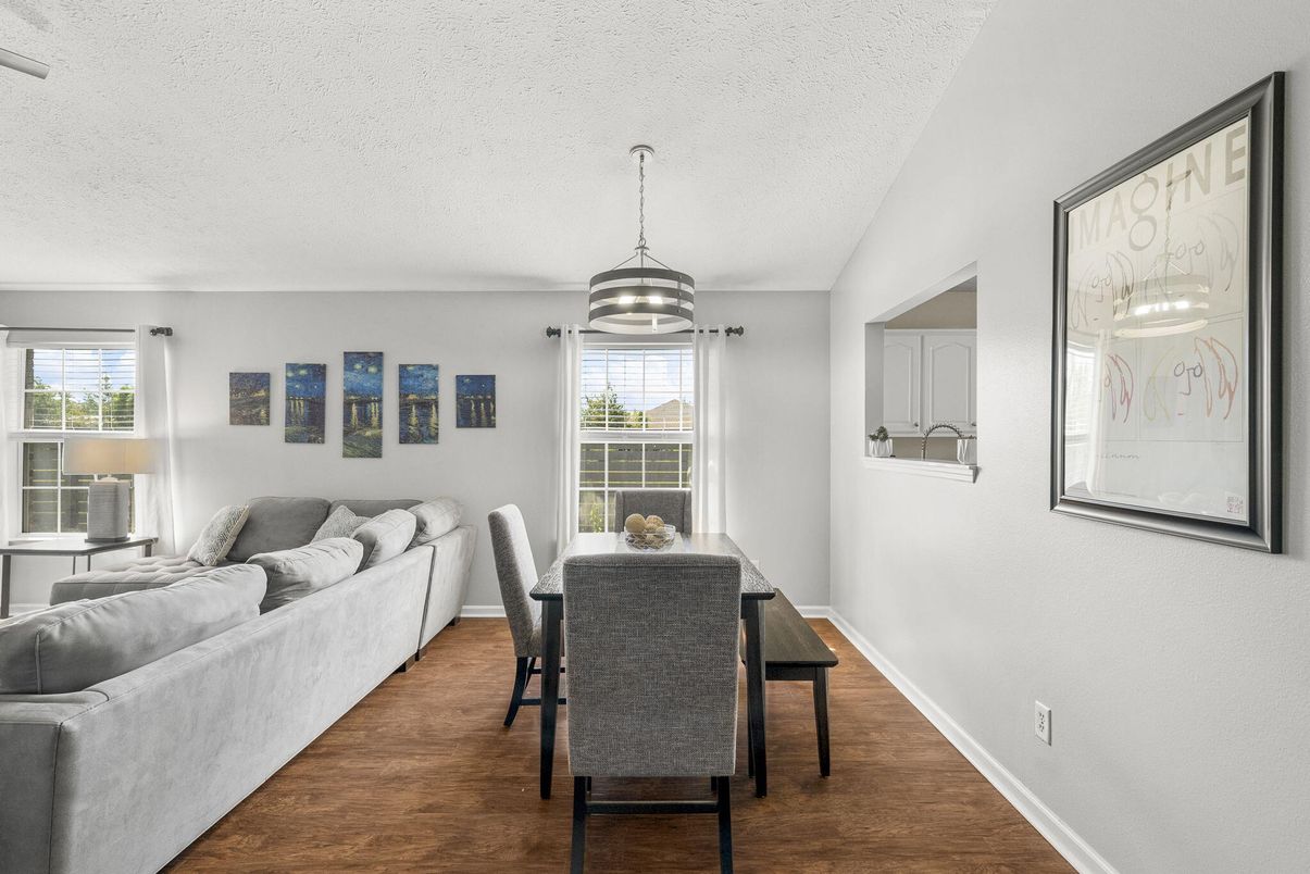 Dining room, Interior, Living room, Pendant Lights, Wood Texture Flooring