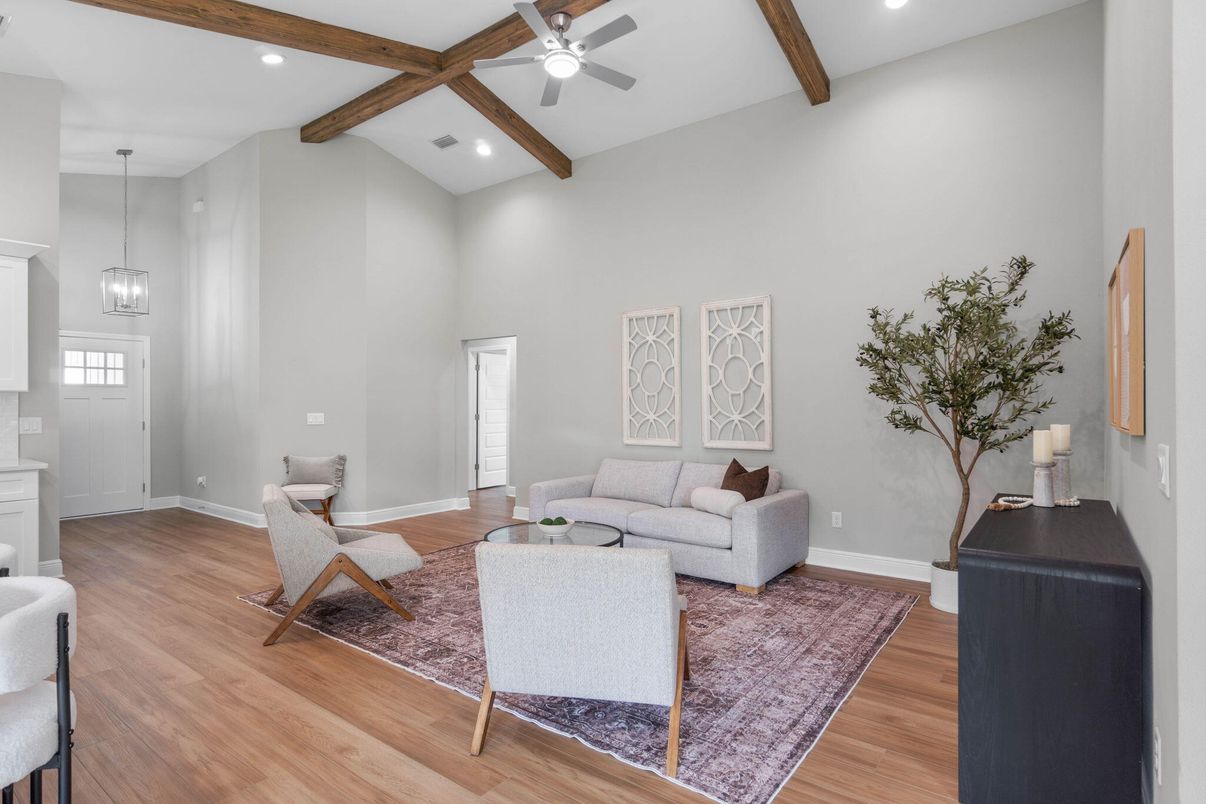 Interior, Living room, Pendant Lights, Recessed Lighting, Wooden Beams, Wood Texture Flooring