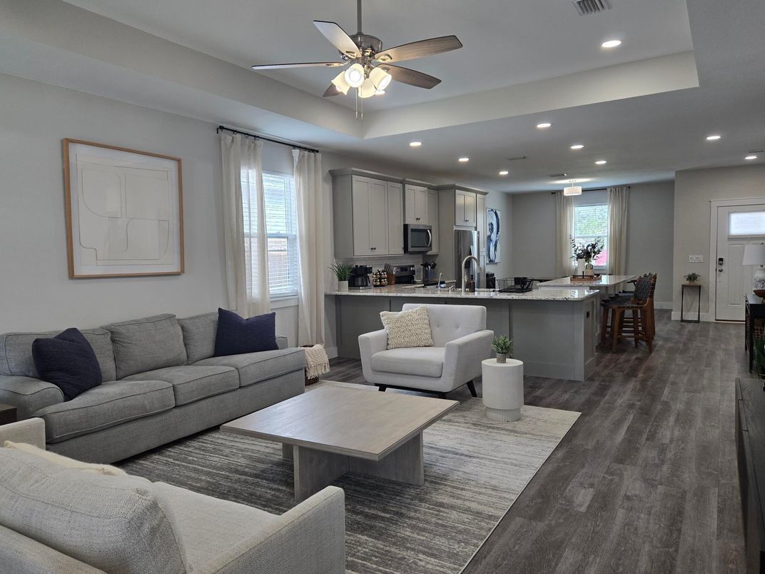 Interior, Kitchen, Living room, Recessed Lighting, Stainless Steel Appliances, Wood Texture Flooring