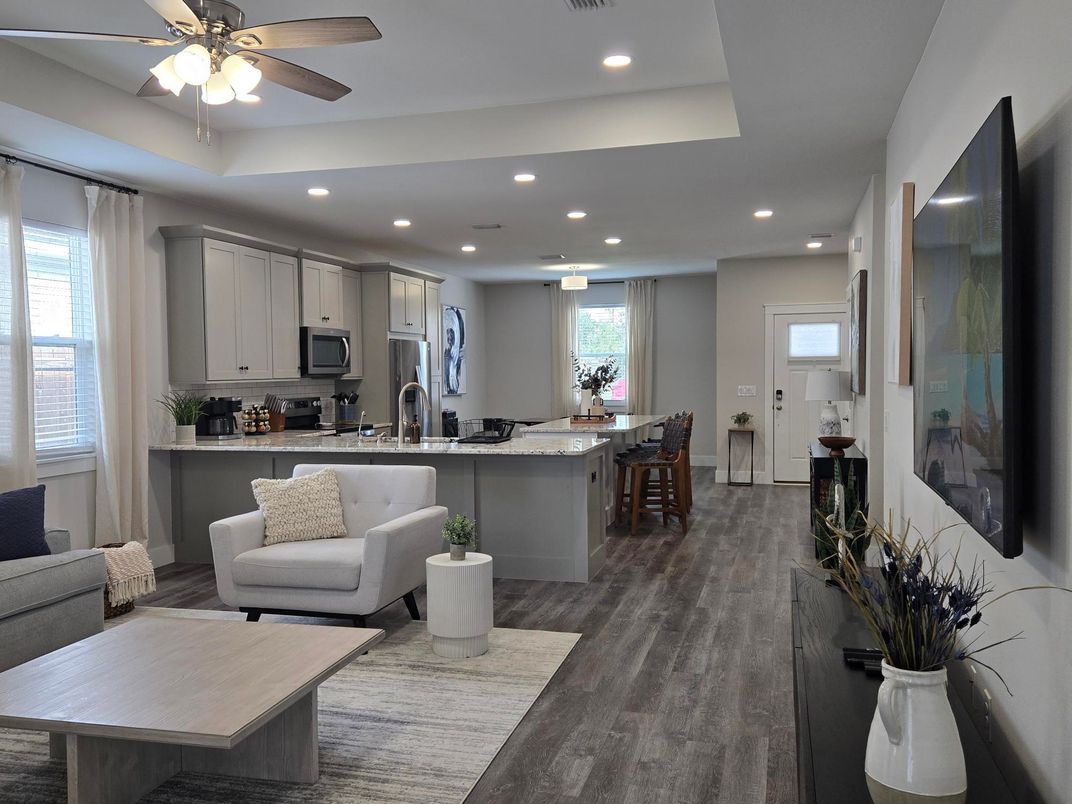 Dining room, Interior, Kitchen, Living room, Recessed Lighting, Stainless Steel Appliances, Wood Texture Flooring