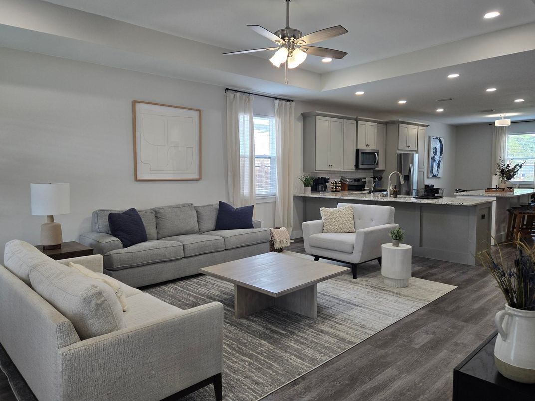 Interior, Kitchen, Living room, Recessed Lighting, Stainless Steel Appliances, Wood Texture Flooring